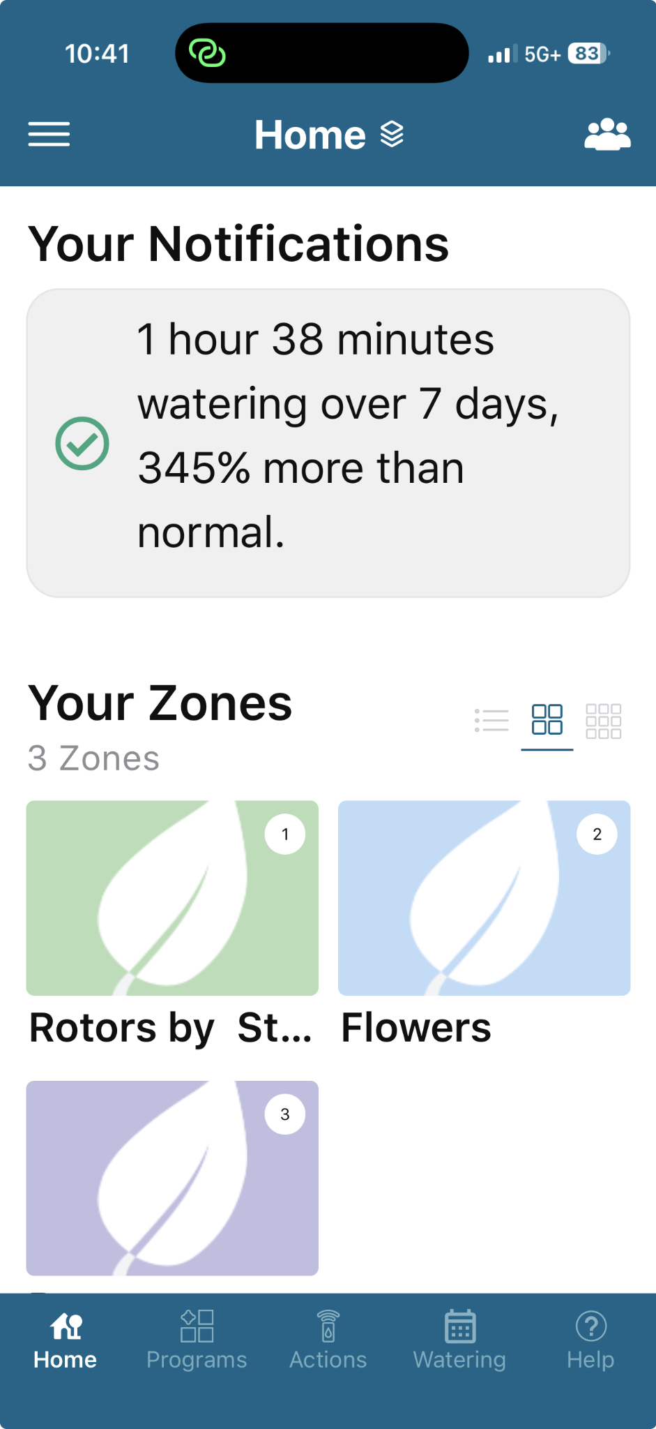 Smart irrigation mobile app showing watering notifications and irrigation zones