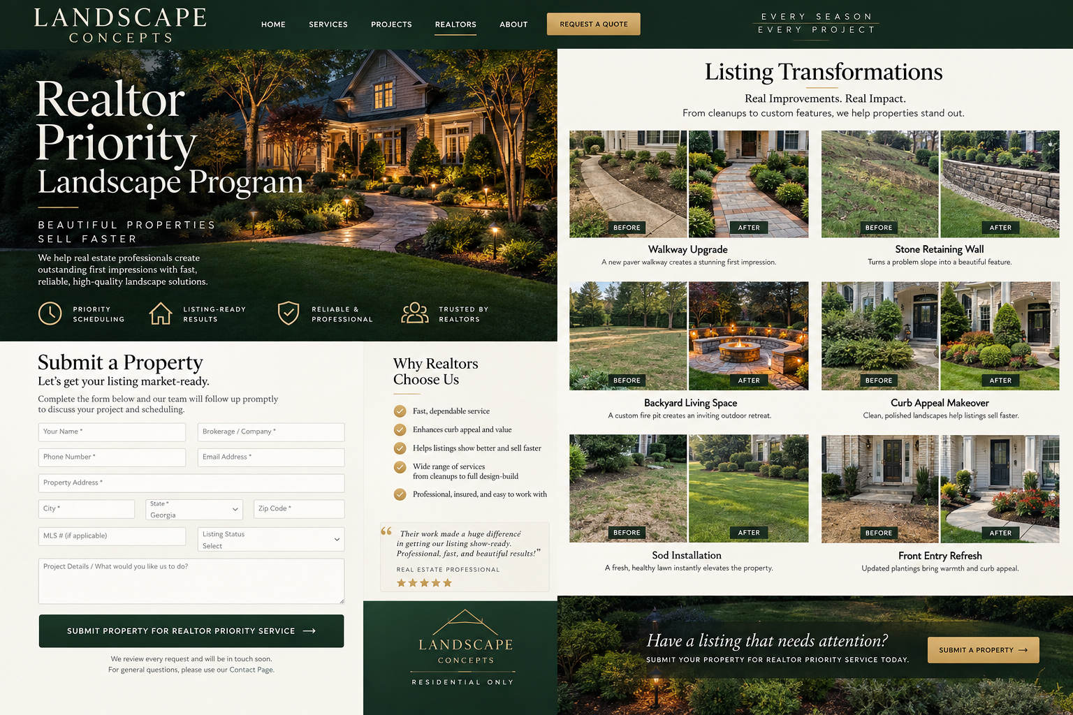 Landscape project inspiration including walkway, retaining wall, fire pit, sod and curb appeal improvements